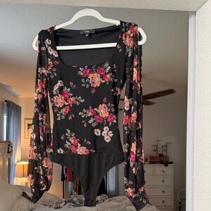 Lulus Floral Black Bodysuit